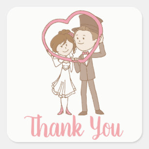 Pink Wedding Thank You Cartoon Bride Groom Square Sticker