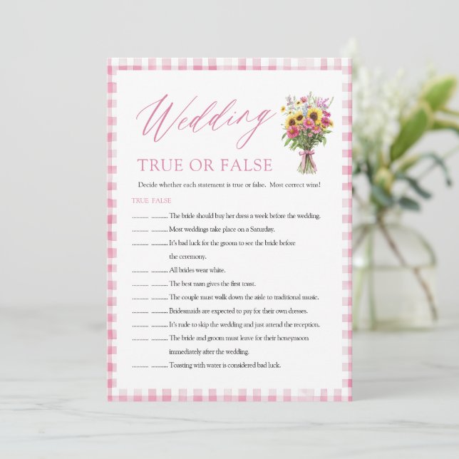 Pink Wedding True or False Bridal Shower Game Invitation (Standing Front)
