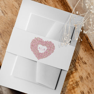 Pink wedding tulips flower heart bouquet monogram invitation belly band