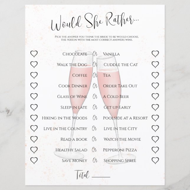 Pink Wedding Would She Rather Bridal Shower Game (Front)