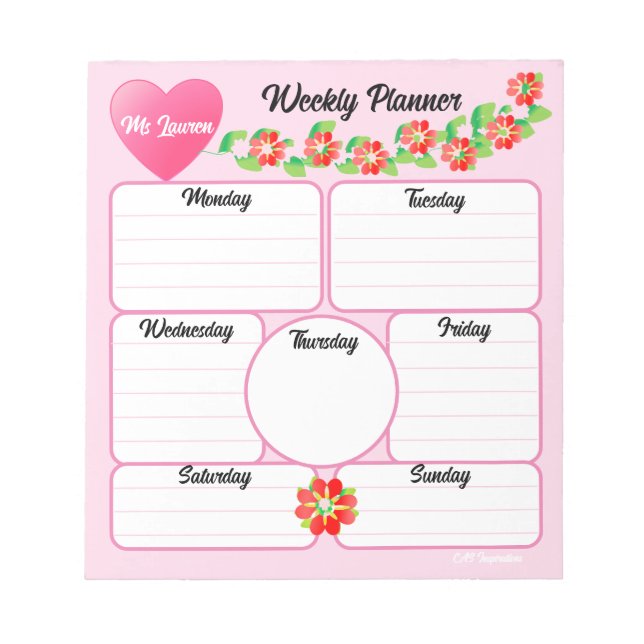 Pink Weekly Planner Flowers Arrangement Notepad  (Front)