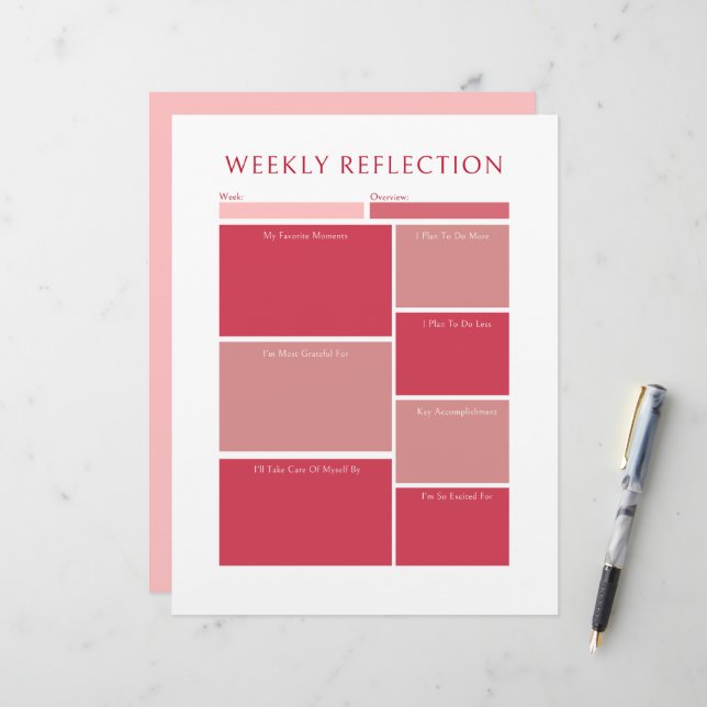 Pink Weekly Reflection Planner Printable Worksheet Custom Letterhead (Front/Back In Situ)