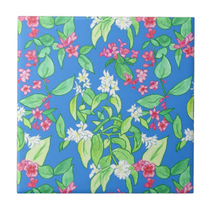 Pink Weigela and White Mock Orange Blossom on Blue Tile