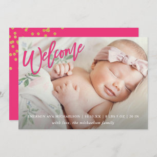 Pink Welcome Script with Faux Gold Confetti Birth Announcement