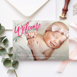 Pink Welcome Script with Photo Baby Girl Birth Announcement