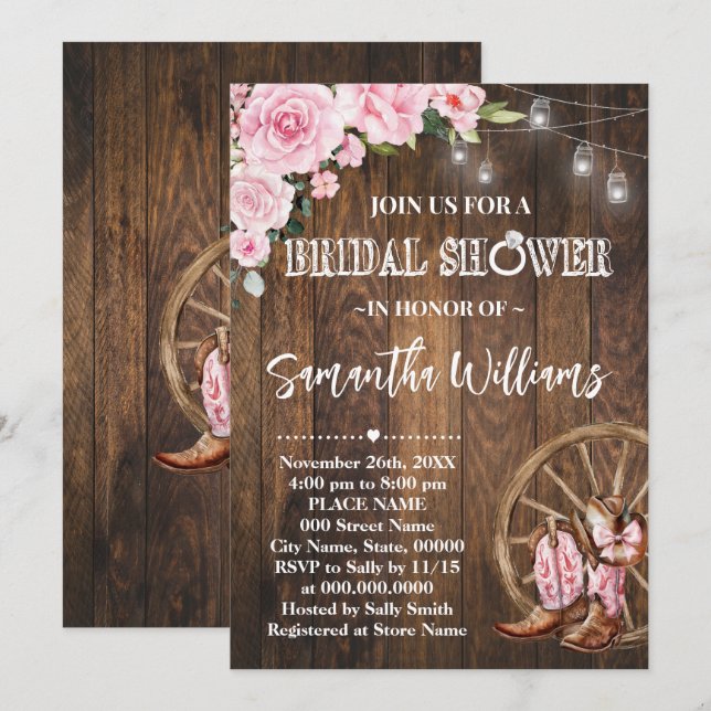 Pink Western Bridal Shower Country Wedding Shower Invitation (Front/Back)