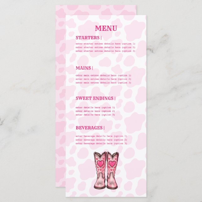 Pink Western Cow Print Rodeo Style Flat Menu (Front/Back)