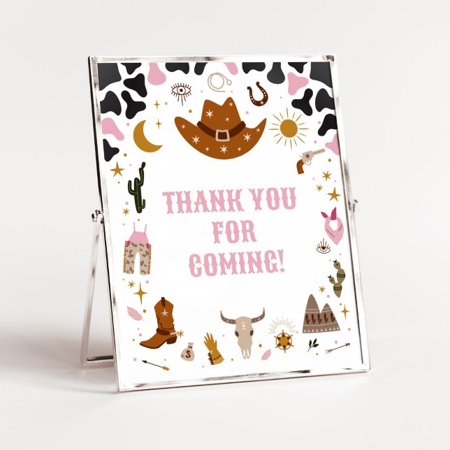 Pink Western Cowgirl Baby Thank you for Coming Poster (Boho Wild West Rodeo Baby Shower Thank you for Coming Sign)