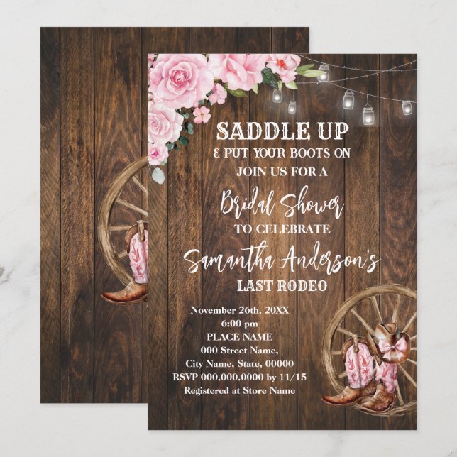 Pink Western Cowgirl Boots Saddle Up Bridal Shower Invitation (Front/Back)