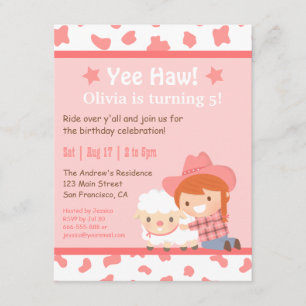 Pink Western Cowgirl Farm Kids Birthday Party Invitation