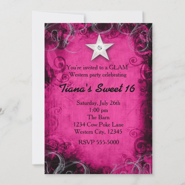 Pink Western Cowgirl Grunge Star Party Invitation (Front)