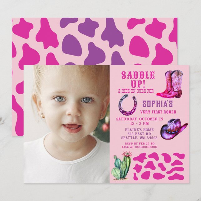 Pink Western Cowgirl Rodeo Girls Photo Birthday Invitation (Front/Back)