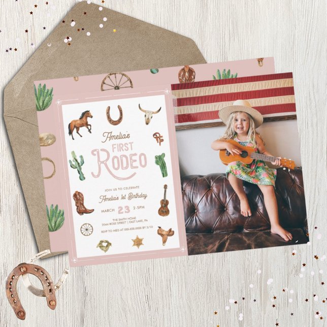 Pink Western First Birthday Rodeo Baby Girl Invita Invitation (Creator Uploaded)