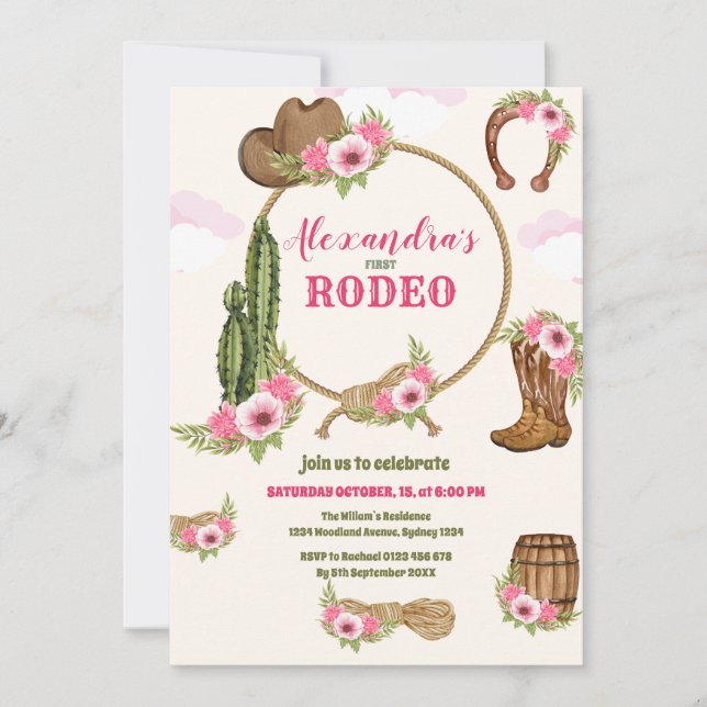 Pink Western First Birthday Rodeo Baby Girl Invitation (Front)
