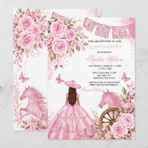 Pink Western Horse Floral Charra Quinceañera Invitation