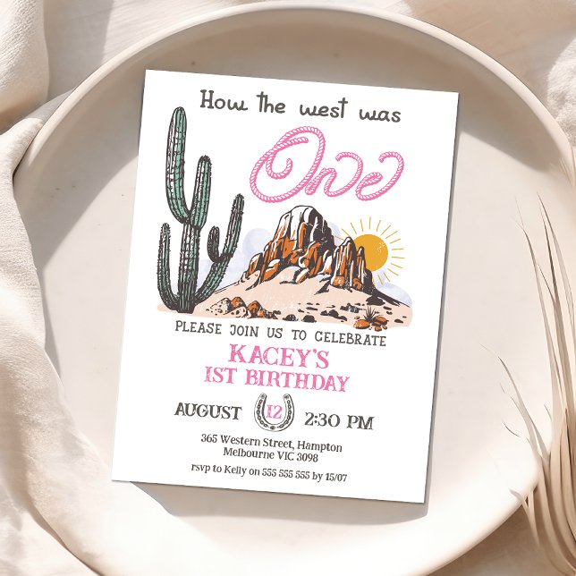 Pink Western How The West Was One 1st Birthday Invitation (How The West Was One 1st Birthday Invitation, Baby Girl Wild West 1st Birthday Invite First Rodeo)