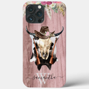 Pink Western Wood Cow Skull Cowboy Monogram iPhone 13 Pro Max Case