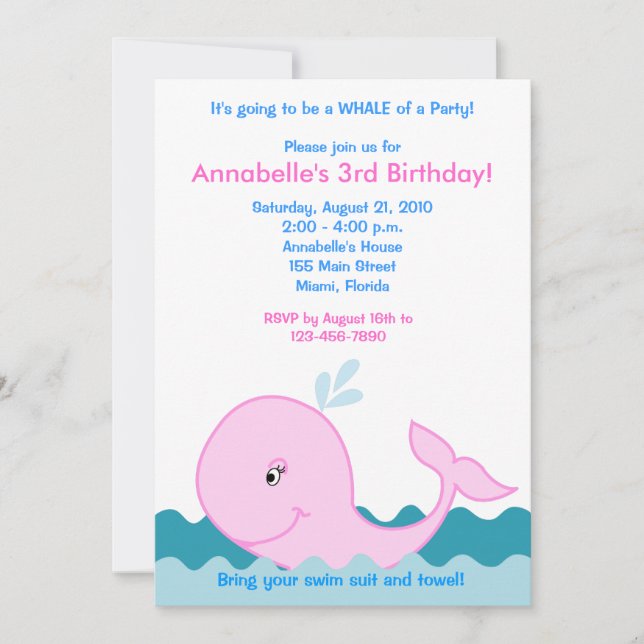 Pink Whale 5x7 Birthday Invitation (Front)