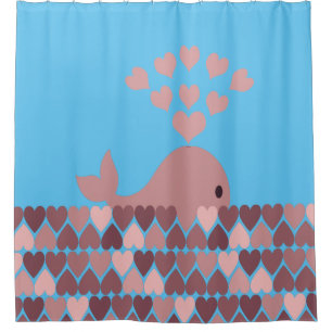 Pink Whale and Hearts Shower Curtain