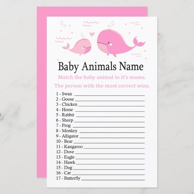 Pink Whale Baby Animals Name Game (Front/Back)