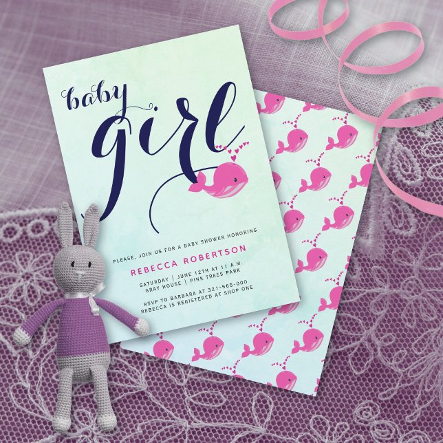 Pink whale navy typography ocean baby girl shower invitation (Creator Uploaded)