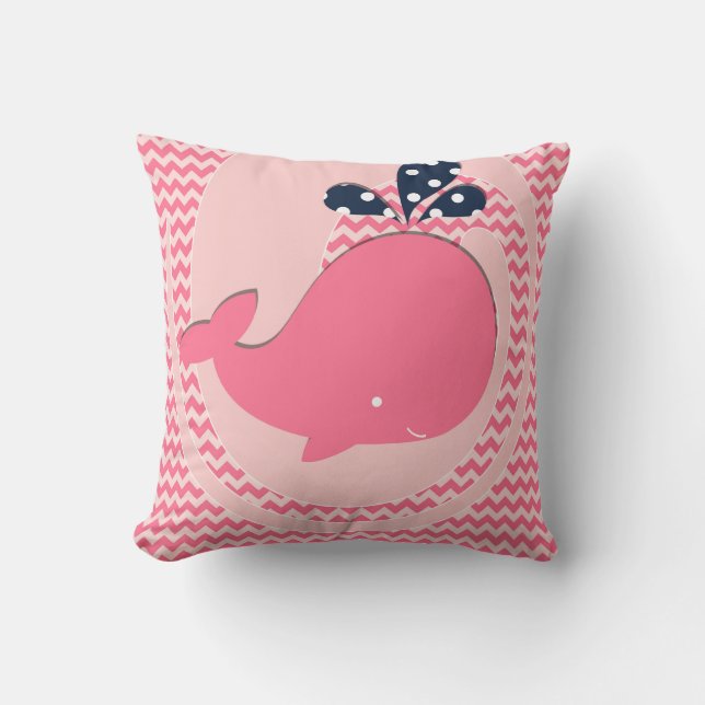 Pink Whale on Pink Chevron Stripe Throw Pillow (Front)