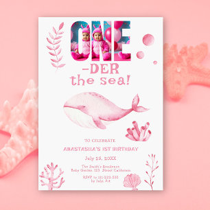 Pink Whale Oneder The Sea 1st Birthday  Invitation