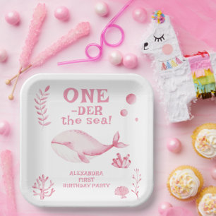 Pink Whale Oneder The Sea 1st Birthday Paper Plate