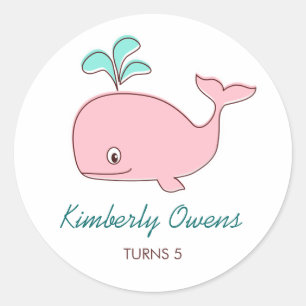 Pink Whale Party Sticker Tags / Cupcake Toppers
