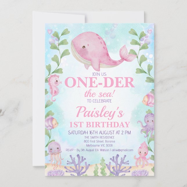 Pink Whale Under the Sea Girls 1st Birthday Invitation (Front)