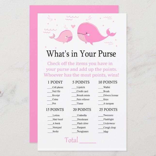Pink Whale What's in your purse game (Front/Back)