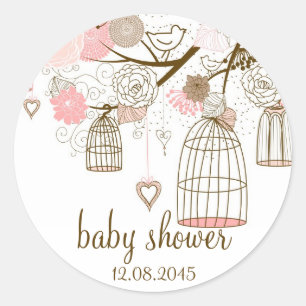 Pink Whimsical Birdcages Baby Shower Sticker
