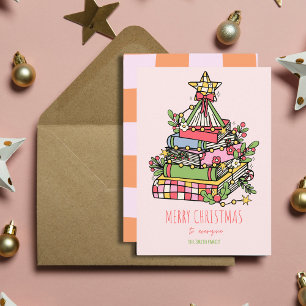 Pink Whimsical Book Tree Christmas Card