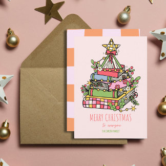 Pink Whimsical Book Tree Christmas Card