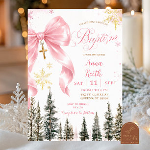 Pink Whimsical Bow Winter Baptism invitation