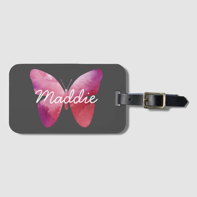 Pink whimsical butterfly luggage tag (Front Horizontal)