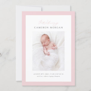 Pink Whimsical Calligraphy Photo Baby Birth Announcement