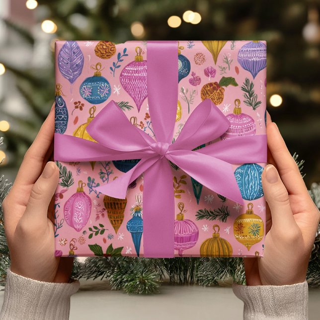 Pink Whimsical Christmas Ornaments Wrapping Paper (Creator Uploaded)