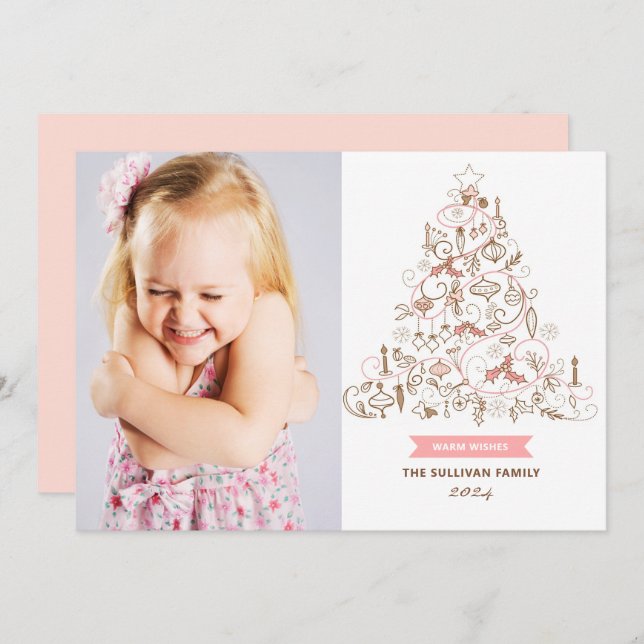 Pink Whimsical Christmas Tree Photo Holiday Card (Front/Back)