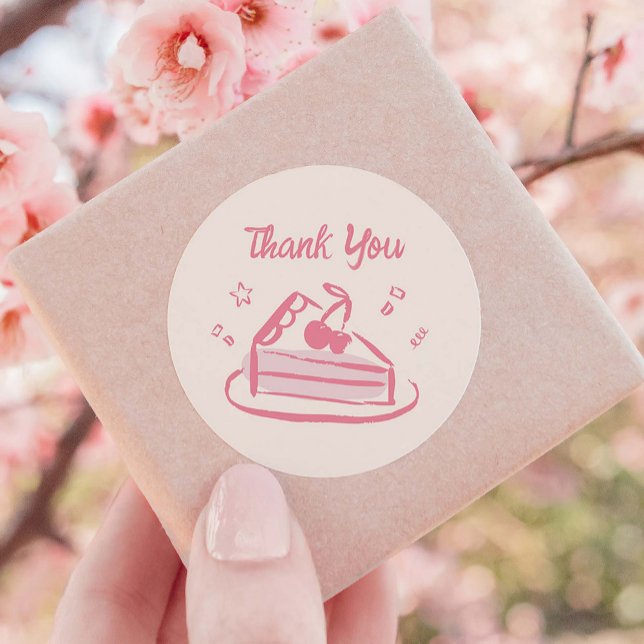 Pink Whimsical Doodle Hand Drawn Cake Thank You Classic Round Sticker (pink hand-drawn cake doodle thank you sticker)