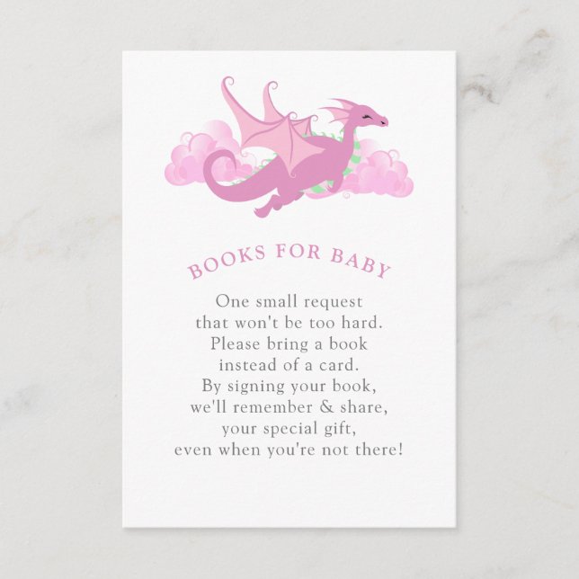 Pink Whimsical Dragon Baby Shower Books for Baby Enclosure Card (Front)