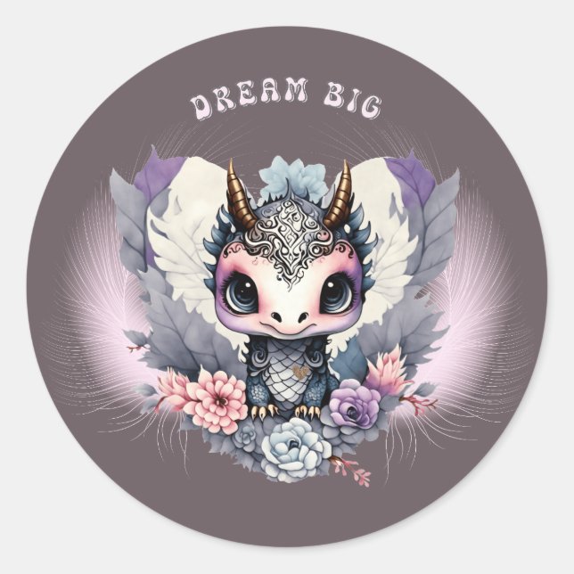 Pink Whimsical "Dream Big" Little Dragon  Classic Round Sticker (Front)