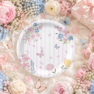 Pink Whimsical Floral Girl Baby Shower Paper Plate