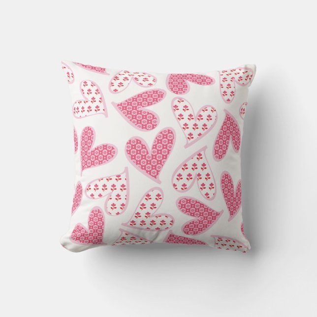Pink Whimsical Floral Hearts Pattern Cushion (Front)
