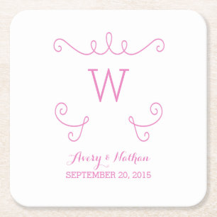 Pink Whimsical Flourish Monogram Paper Coasters