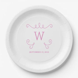 Pink Whimsical Flourish Monogram Paper Plates