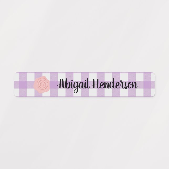 Pink Whimsical Flowers Purple Plaid Name Labels (Design 1)