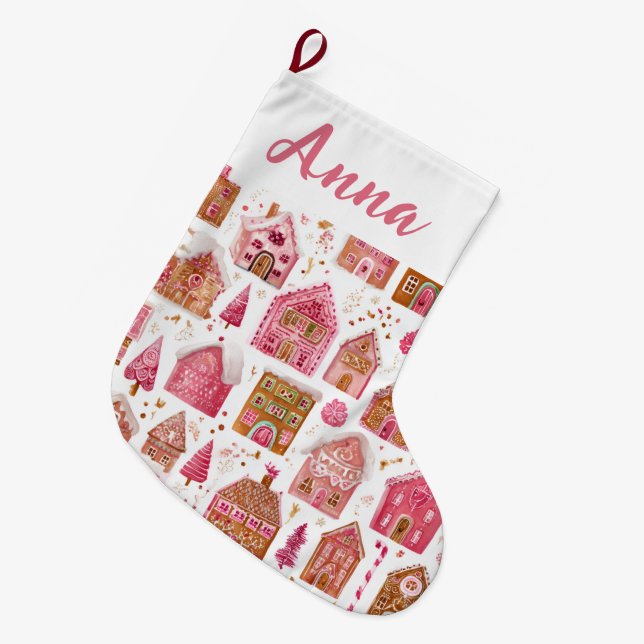 Pink Whimsical Gingerbread Houses Name Stocking (Front (Hanging))