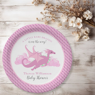 Pink Whimsical Girl Dragon Baby Shower Paper Plate