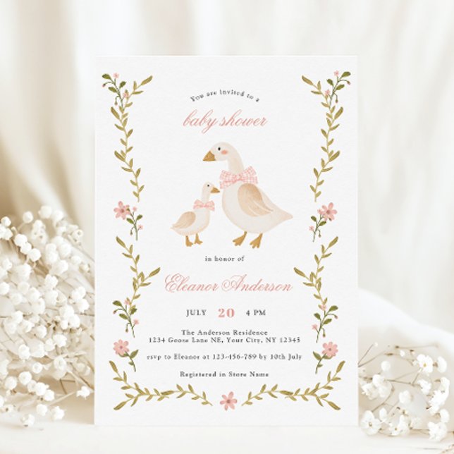 Pink Whimsical Goose Baby Shower Invitation (Creator Uploaded)